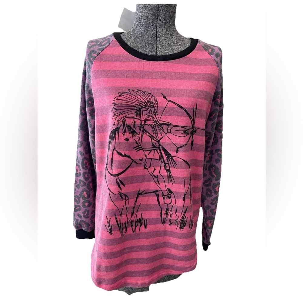🆕Crazy train‎ pink leopard print sleeve Native American medium pullover top NWT